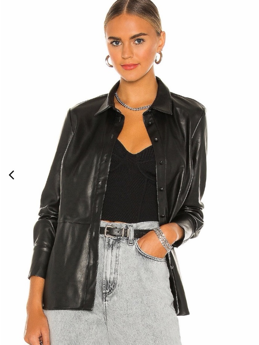 Black Bardot Blazer Faux Leather Button-Up Shirt Jacket Medium Long Sleeve